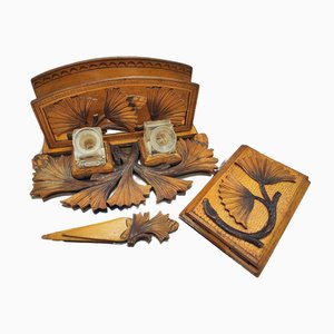 Encrier Hutsul Art Déco Vintage en Bois Sculpté, 1920s, Set de 3