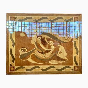 Art Nouveau Wall Art Panel with Female Motif and Wood Inlays, 1950s