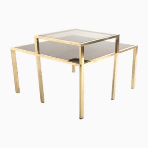 Table Basse Postmoderne Carrée en Laiton avec Étagère en Verre et Plateau en Miroir, 1980s