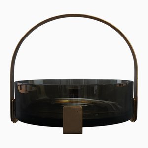 Vintage Handle Bowl in Smoked Glass and Gold-Colored Metal, 1960s