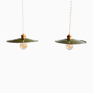 Industrial Pendant Lights in Dark Green Enameled Sheet Metal, 1940s, Set of 2