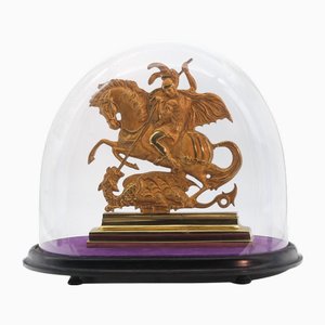 Antique Bronze & Ormolu Saint George & The Dragon In Domed Glass Display Cloche, 1860