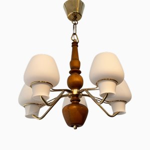 Mid-Century Chandelier in Brass and Oak attributed to Gunnar Asplund for ASEA, Sweden, 1950s