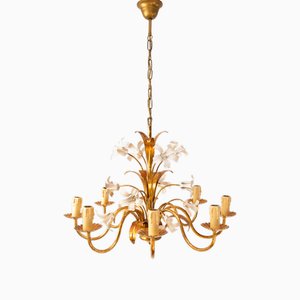 Large Italian Gilt Chandelier with White Flowers, 1980s