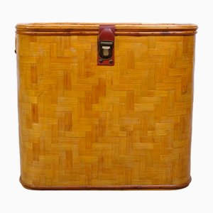 Vintage Bamboo Storage Basket with Leather Lid and Closure, 1970s