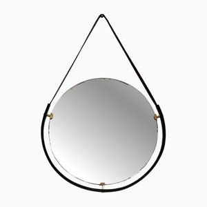 Italian Floating Wall Mirror with Leather Strap and Brass Details, 1960s