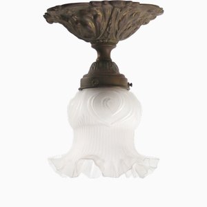 Plafonnier Art Nouveau en Laiton et Verre Givré