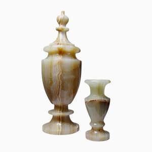 Vintage Cassolette/Urne & Miniatur Baluster Vase aus Honig Onyx, 1960er, 2er Set