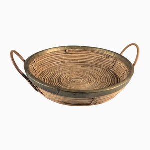 Italian Centerpiece Basket in Rattan and Brass with Handles by Gabriella Crespi, 1970s