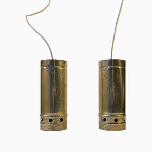 Scandinavian Modern Cylindrical Brass Pendants Lamps, 1970s, Set of 2, Set of 2