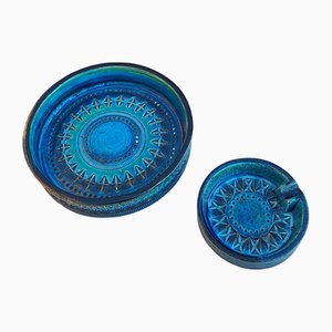 Italian Rimini Blue Flat Bowl and Ashtray by Aldo Londi for Bitossi, 1960s, Set of 2