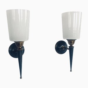 Vintage Design Brass & Opaline Glass Sconce Wall Lamp Set, France, 1950s, Set of 2