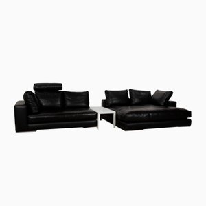 Set of Hamilton Corner Sofa in Black Leather and Coffee Table in White Leather from Minotti