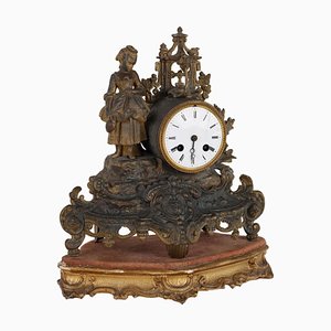 Horloge de Cheminée Antique Dorée en Antimoine, France, 19ème Siècle