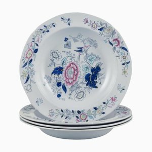 Tiefe Teller aus Fayence mit Blumen- und Vogelmotiven von Copeland/Spode, 1930er, 4 . Set