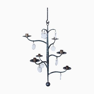 Candle Chandelier Forgé Main avec 6 Bras Bougies et Verre attribué à Erik Höglund, Suède, 1978