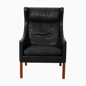 2204 Wingchair in Black Leather by Børge Mogensen, 1970s