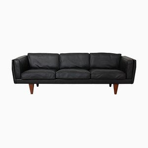 Three-Seater V.11 Sofa in Black Leather by Illum Wikkelsø, 1970s