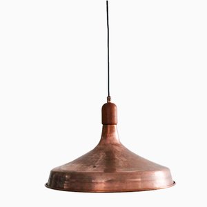 Danish Brutalist Hand-Hammered Copper and Teak Pendant Lamp, 1960s
