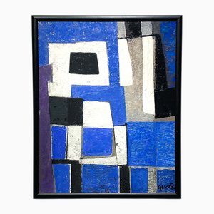 George Ruyter, Mid-Century Modern Dutch Composition in White, Black and Blue, 1961, Oil Painting