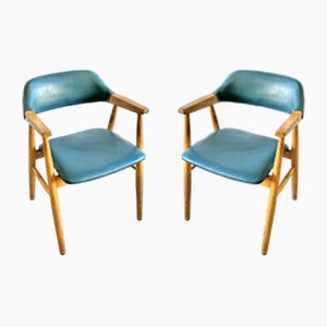 Set of Mid-Century Beechwood Armchairs with Teal Upholstery