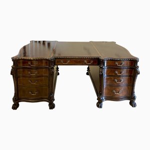 Large Antique Carved Figured Mahogany Serpentine Shaped Partners Desk, 1920s