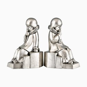 Fermalibri Art Déco in bronzo argentato di Jean de la Fontinelle, 1925, set di 2