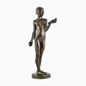 Henry Arnold, Art Deco Sculpture of Nude Girl with Dove, 1928, Bronze