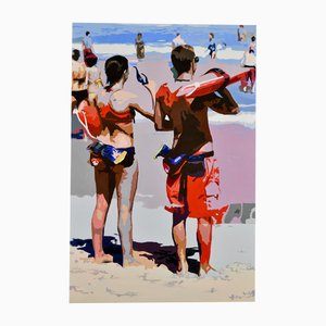 Carole Grandgirard, Spiaggia con bagnini, 2024, Olio su tela