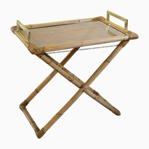Carrello portabottiglie in canna di bambù, vetro removibile e ripiano in paglia di Vienna decorato con manici in ottone in stile Tito Agnoli, anni '60