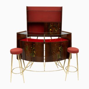 Mid-Century Modern Brass and Walnut Bar Cabinet with Stools, 1950s , Set of 4