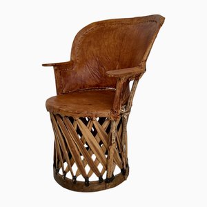 Butaca Equipales mexicana Mid-Century moderna de cuero y madera, 1970