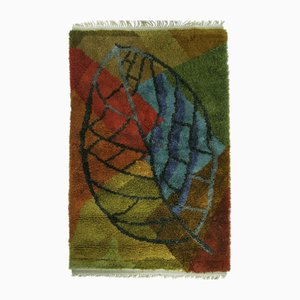Swedish Hand Knotted Leaf Patterned Rya Rug, 1950s