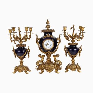 Triptych Clock in Bronze and Porcelain, Set of 3