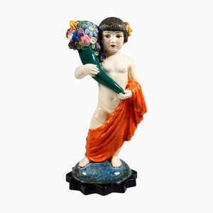Figura de niña japonesa Art Déco con cuerno de la abundancia de Rudolf Podany para Keramos, Viena, Austria, años 20