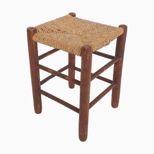 Mid-Century Holzhocker mit Rattansitz, 1970er