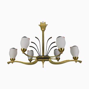 Art Deco French White Glass, Bronze, Brass and Iron Six-Light Chandelier, 1920s