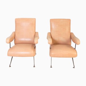 Poltrone vintage reclinabili in pelle chiara con struttura in metallo