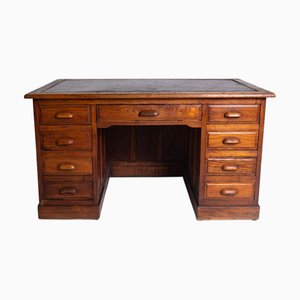 Vintage Wooden Desk with Leather Top and 9 Drawers