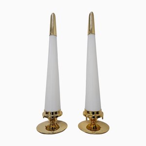 Lampade da tavolo Hollywood Regency coniche in ottone e vetro color latte, anni '80, set di 2