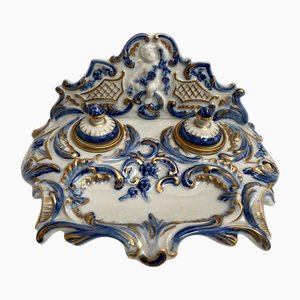 Porcelain Inkwell with Embossed Gold Accents Hand-Painted Desk Decor, France, 1890s