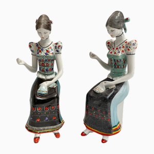 Vintage Hollohaza Porcelain Embroiderer Figurine, Hand-Painted, Hungary, 1980s