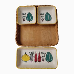 Ciotole Pickles e Snack in ceramica con cesto di vimini di Waechtersbach, anni '50