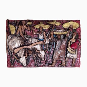 Italienisches Wandkunstrelief aus glasierter Keramik mit Bauern in der Feldszene, Gradara, Italien, 1968