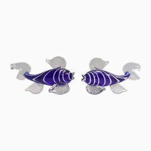 Figurines de Poisson Vintage en Verre de Murano Soufflé Bleu et Blanc, Italie, 1960s, Set de 2