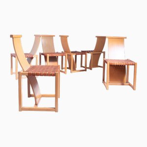 Vintage Dining Chairs in Wood and Leather, 1970, Set of 6