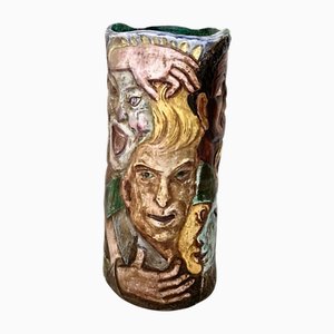 Jarrón vintage pintado a mano con caras atribuidas a Tullio Dalbisola, años 60