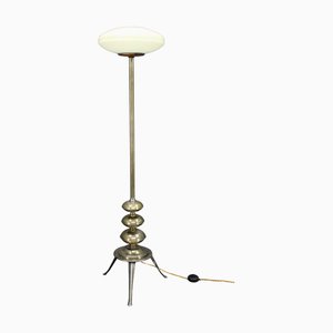 Vintage Floor Lamp in Brass Finish with Glass Shade, 1940s