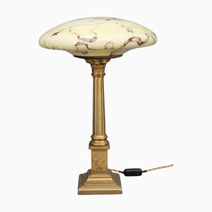 Vintage Brass Table Lamp with Wooden Base and Glass Shade, 1940s