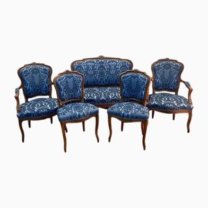 Louis XV Blaues Samt Lounge Set, 5 . Set